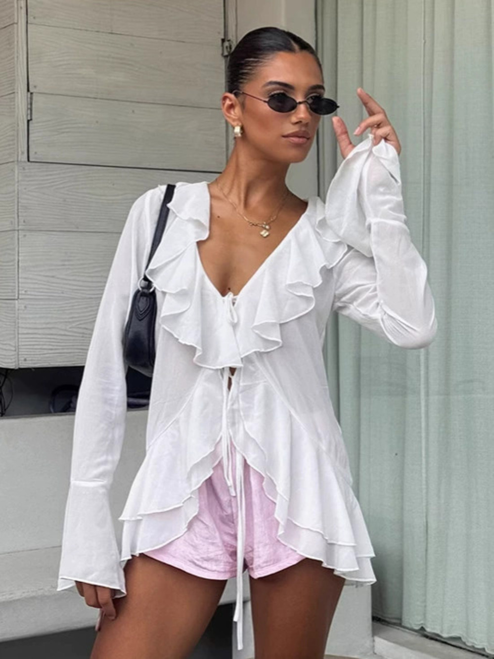 Forever 21 Fall Office Ruffled Chiffon Blouse Tie Neck Long Sleeve